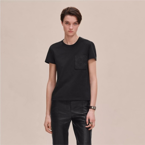 NWT Hermes Embroidered pocket t-shirt Short Sleeve Tee Shirt Black US 6 S - Picture 1 of 10
